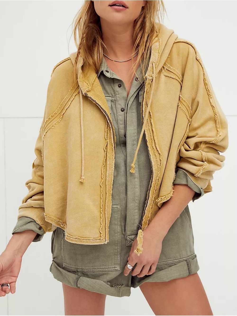 Free People Kara Cardi Zip Up Oversized Slouchy Cotton Hoodie in Golden Yellow